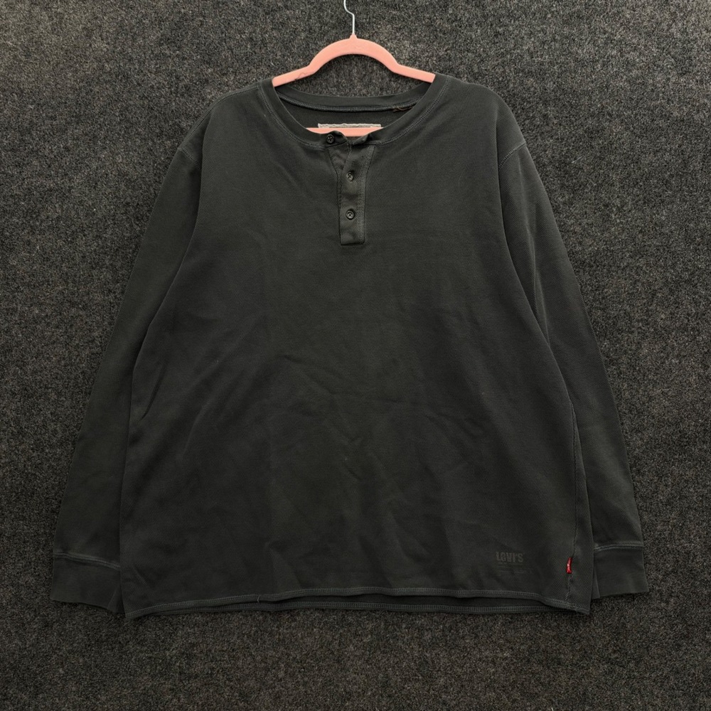 Vintage Levis Henley Thermal Shirt Mens XL Faded Black Waffle Knit Long Sleeve